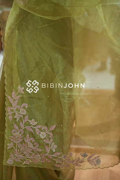 Tissue Organza Embroidery Saree For Women Olive Green PALLU