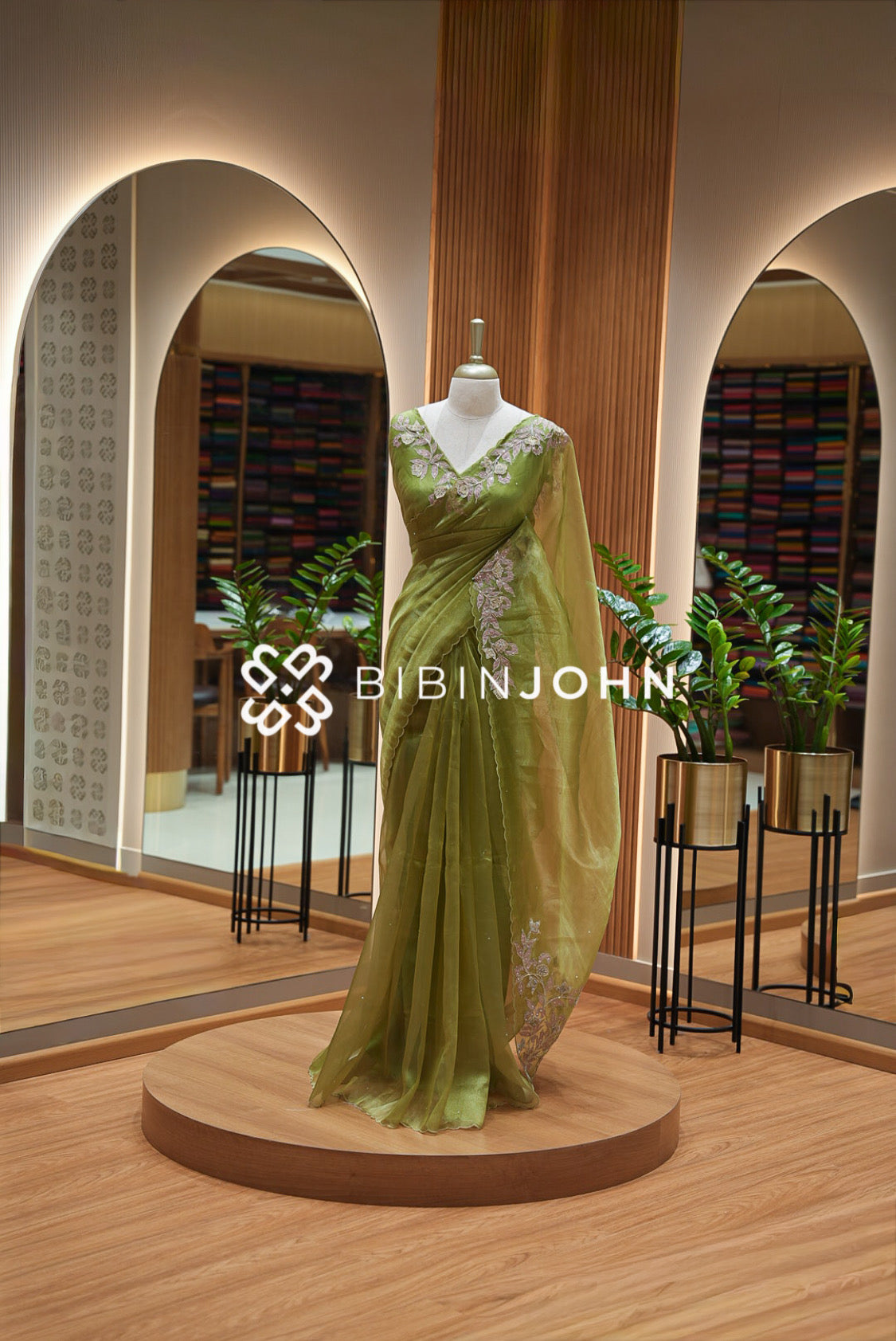 Tissue Organza Embroidery Saree For Women Olive Green