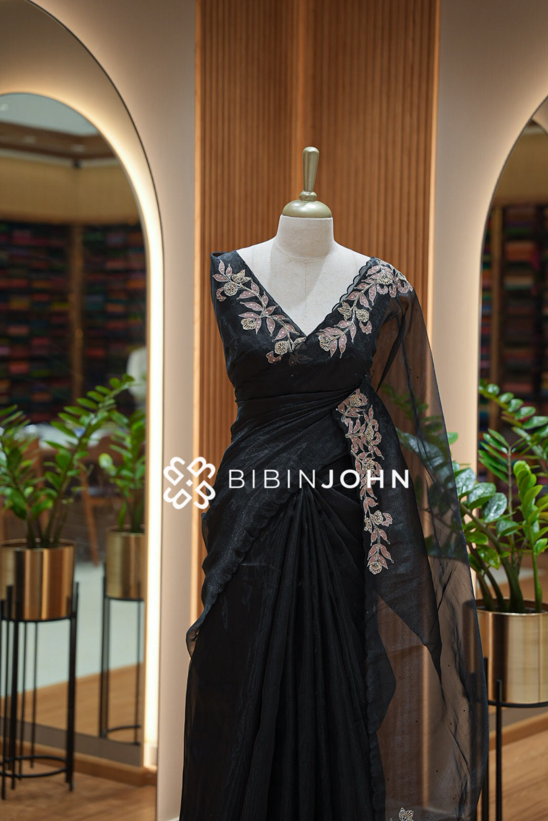 Tissue Organza Embroidery Saree For Women Black CLOSE VIEW