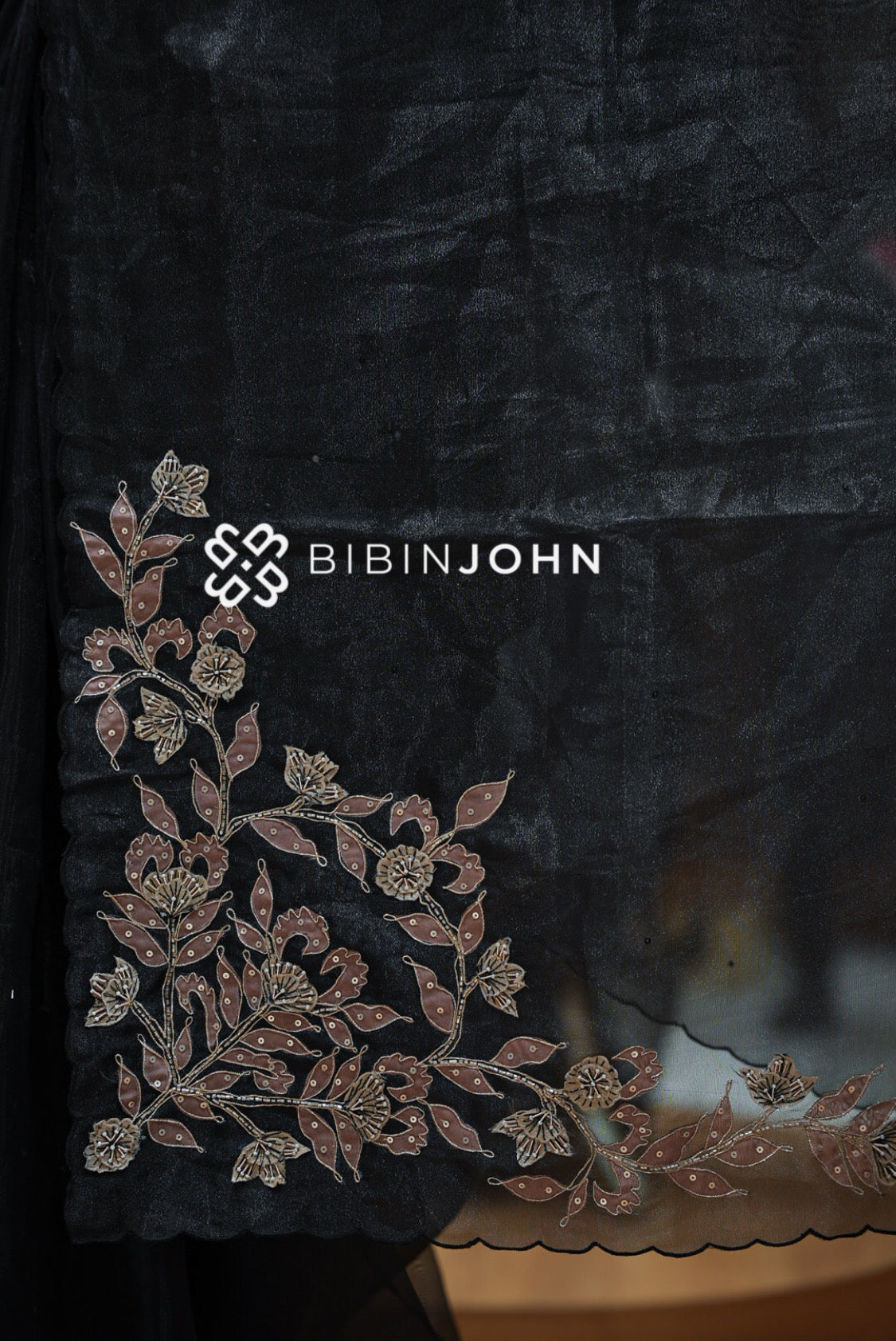 Tissue Organza Embroidery Saree For Women Black PALLU