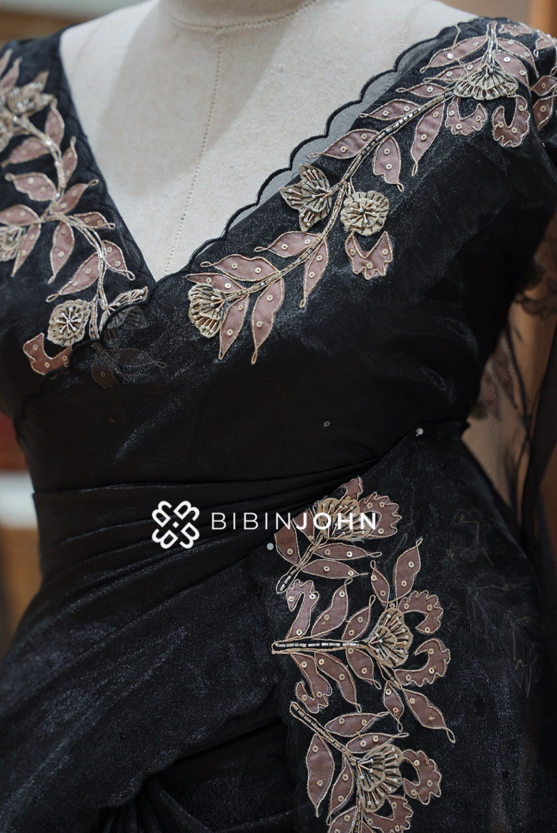Tissue Organza Embroidery Saree For Women Black SIDE VIEW