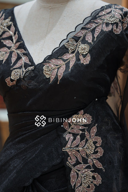 Tissue Organza Embroidery Saree For Women Black SIDE VIEW