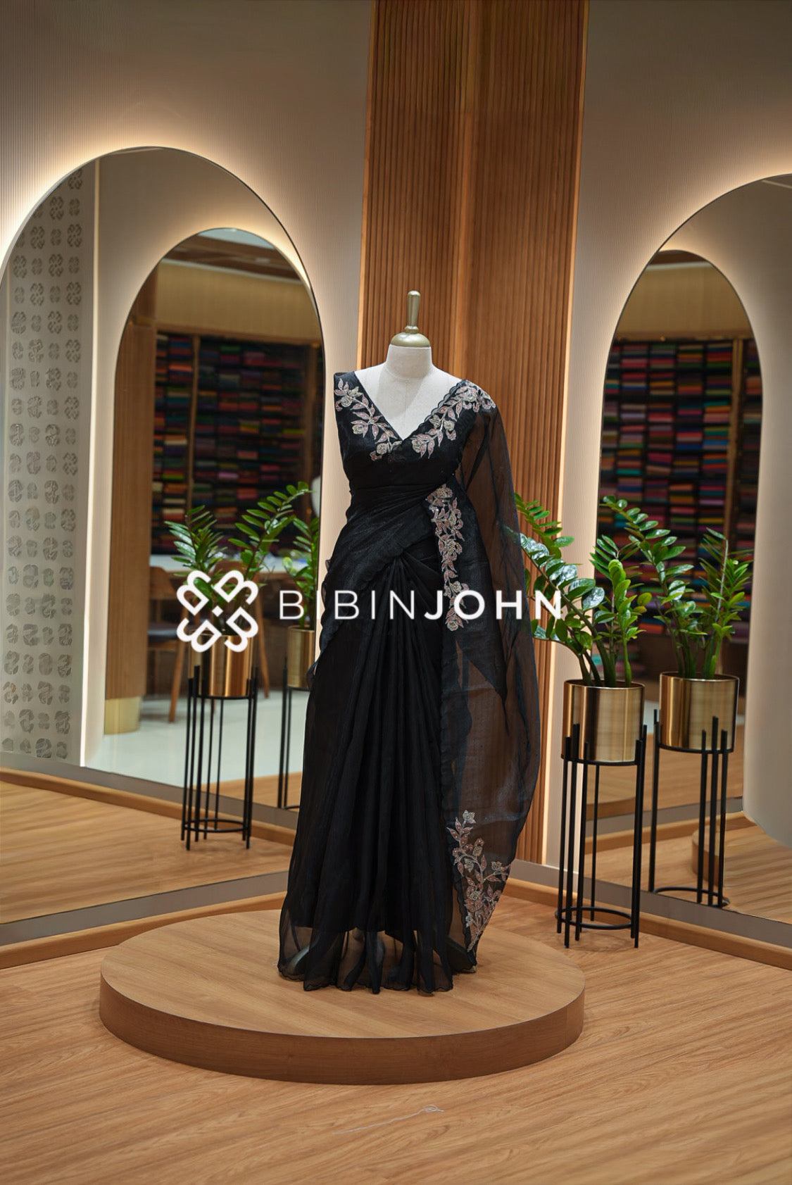 Tissue Organza Embroidery Saree For Women Black