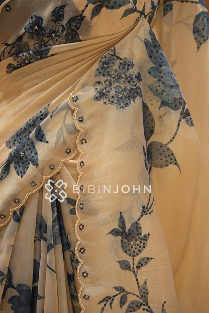 Tissue Organza Embroidery Saree For Women Champagne Beige  SIDE VIEW