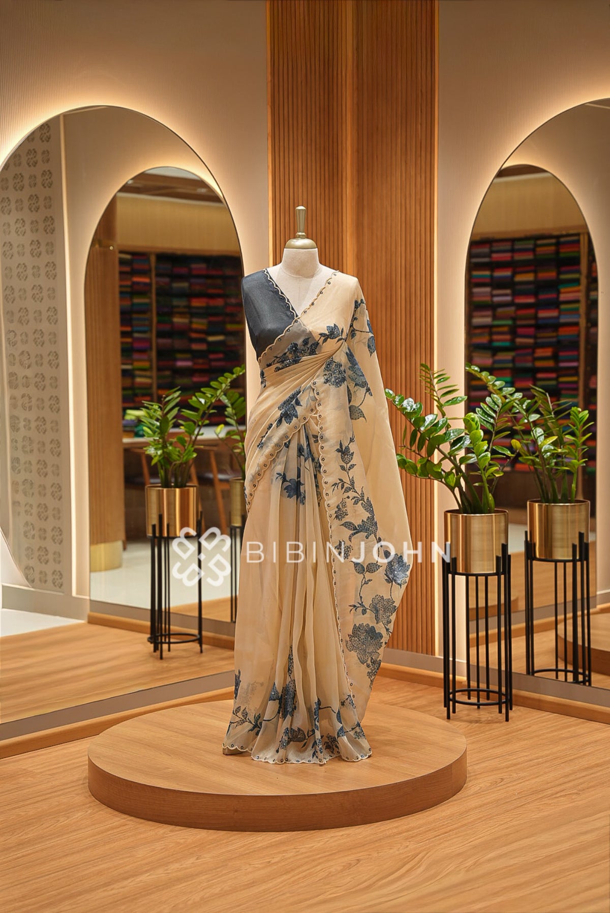 Tissue Organza Embroidery Saree For Women Champagne Beige 
