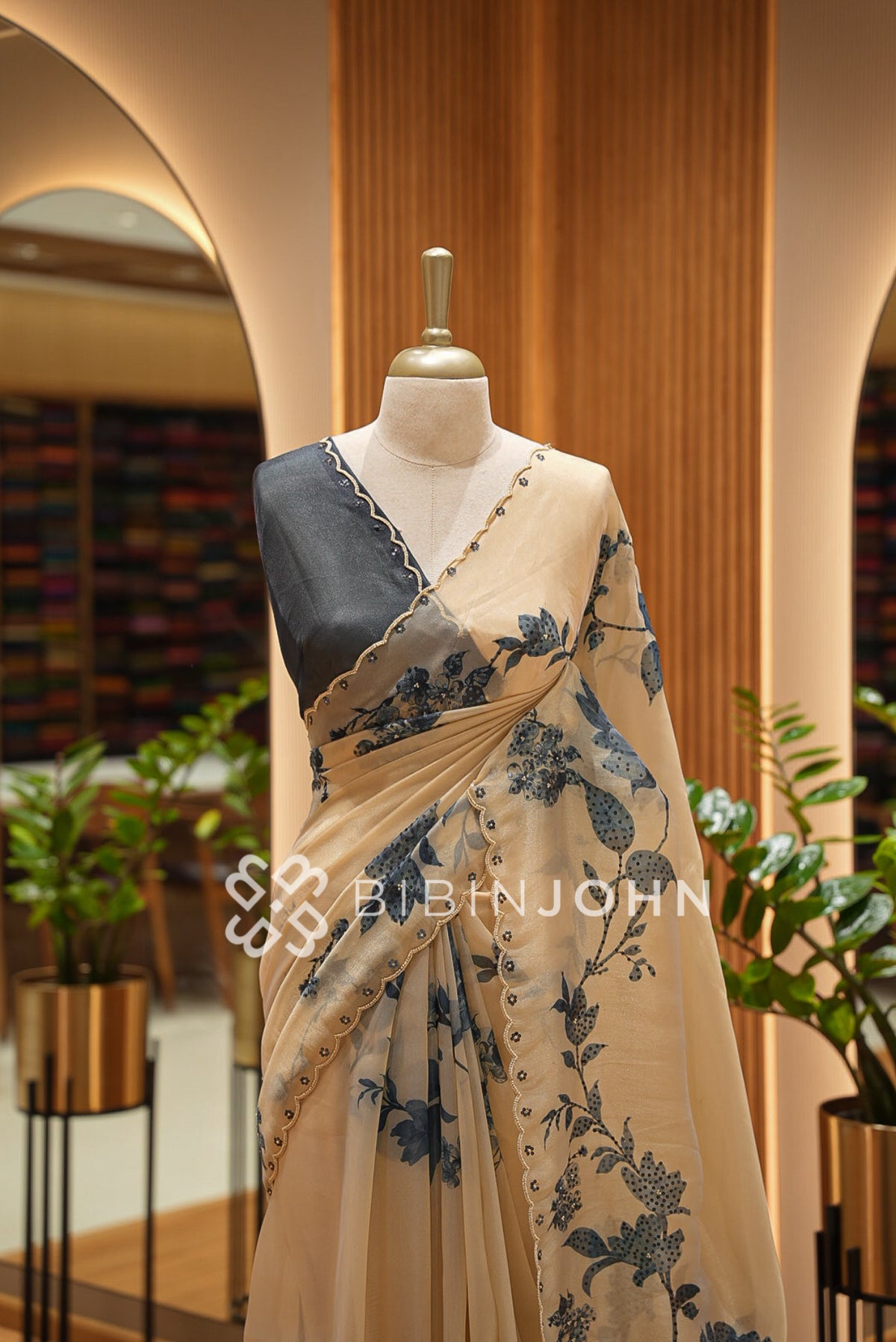 Tissue Organza Embroidery Saree For Women Champagne Beige  CLOSE VIEW