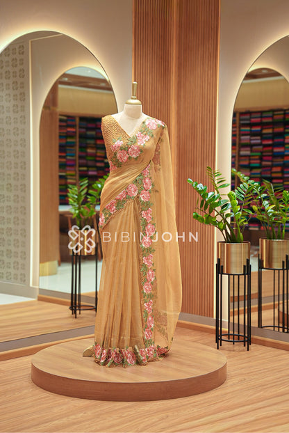 Tissue Organza Embroidery Saree For Women Antique Gold 