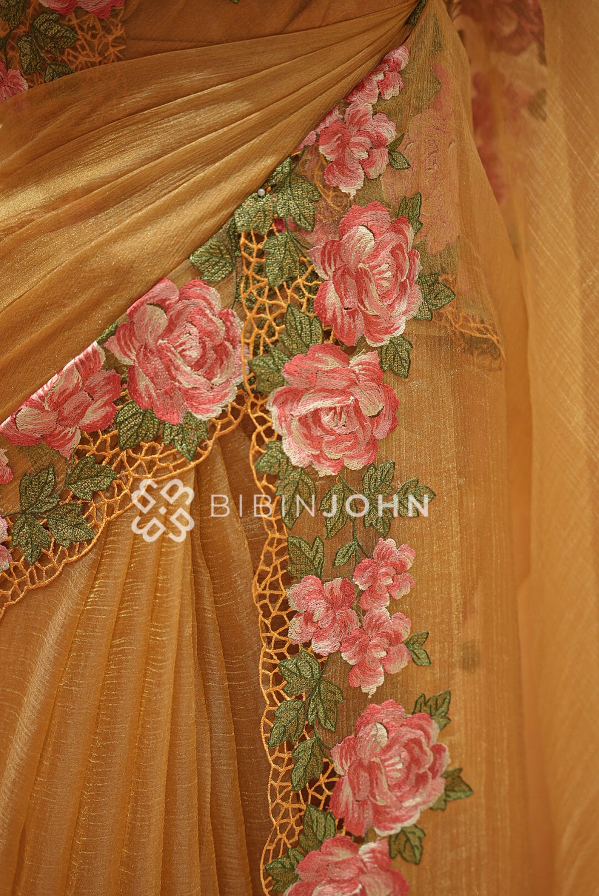 Tissue Organza Embroidery Saree For Women Antique Gold  SIDE VIEW