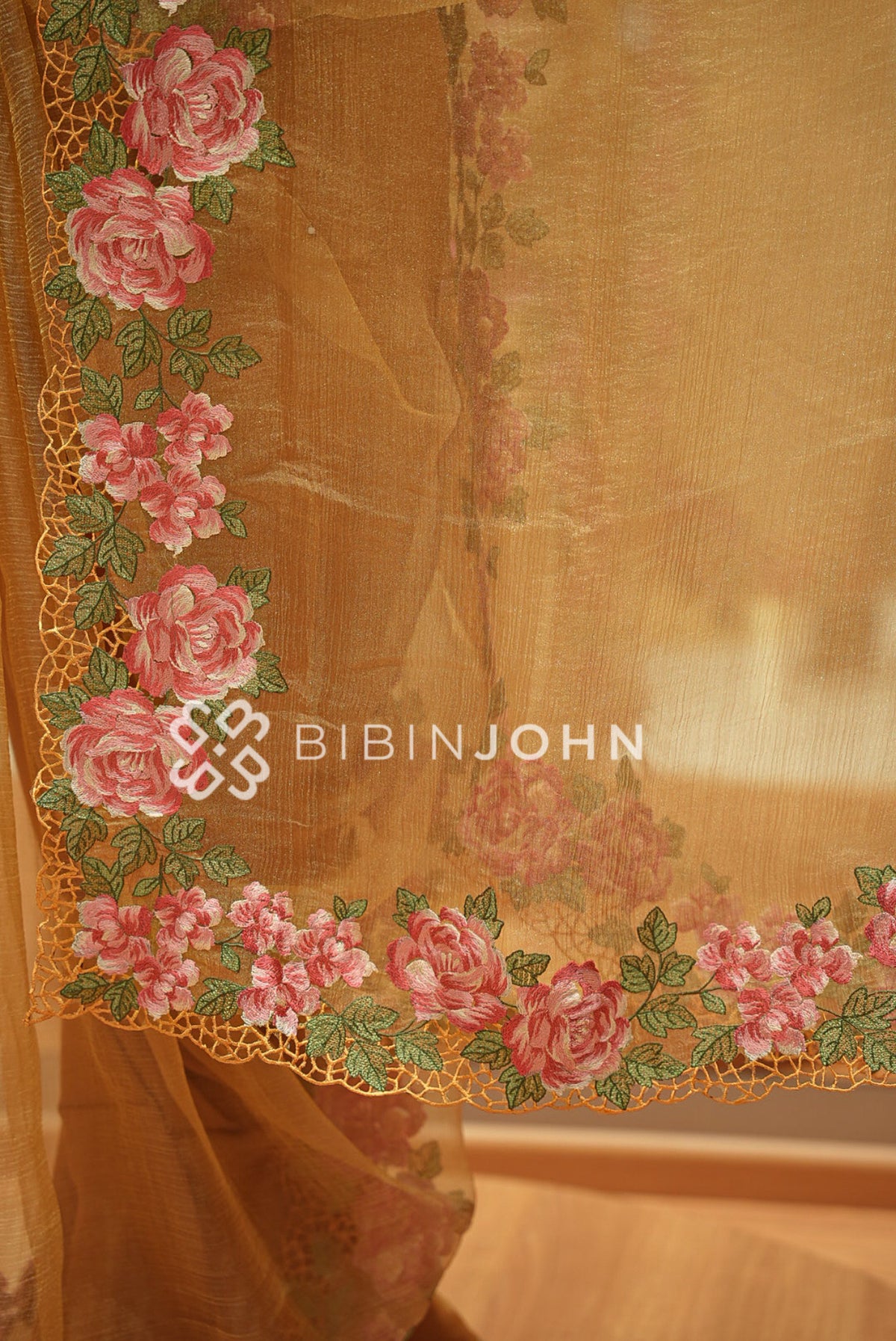 Tissue Organza Embroidery Saree For Women Antique Gold  PALLU