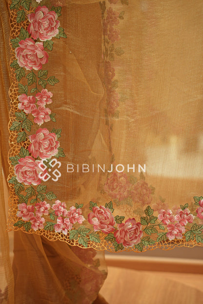 Tissue Organza Embroidery Saree For Women Antique Gold  PALLU