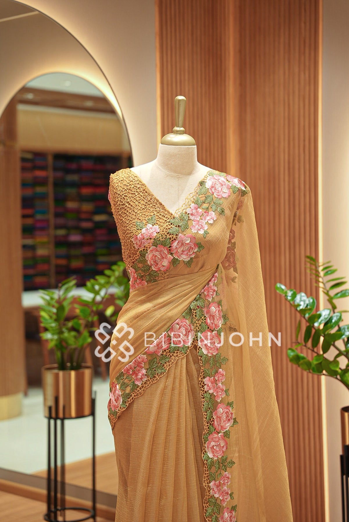 Tissue Organza Embroidery Saree For Women Antique Gold  CLOSE VIEW