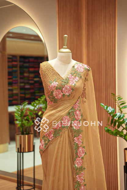 Tissue Organza Embroidery Saree For Women Antique Gold  CLOSE VIEW