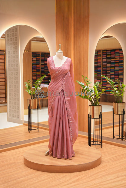 Cotta Embroidery Saree For Women Dusty Rose