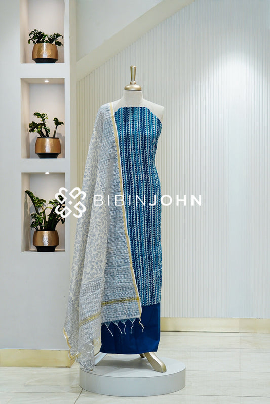 Printed Cotton Unstitched Salwar Suit Material Blue 