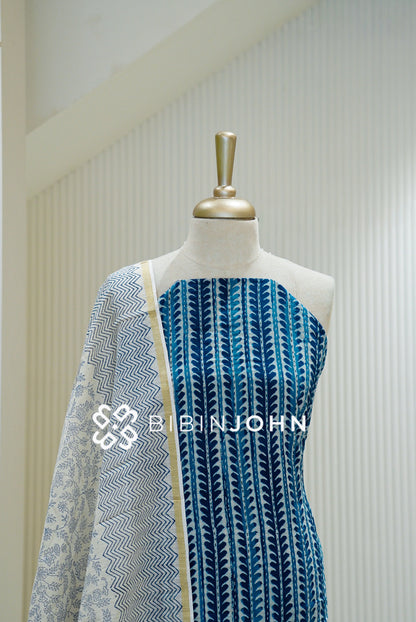 Printed Cotton Unstitched Salwar Suit Material Blue  close view