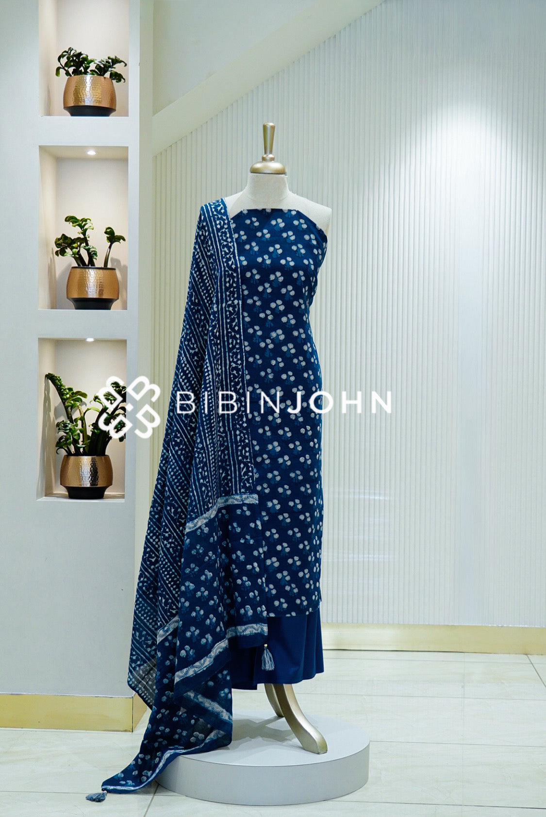 Printed Cotton Unstitched Salwar Suit Material Deep Indigo Blue