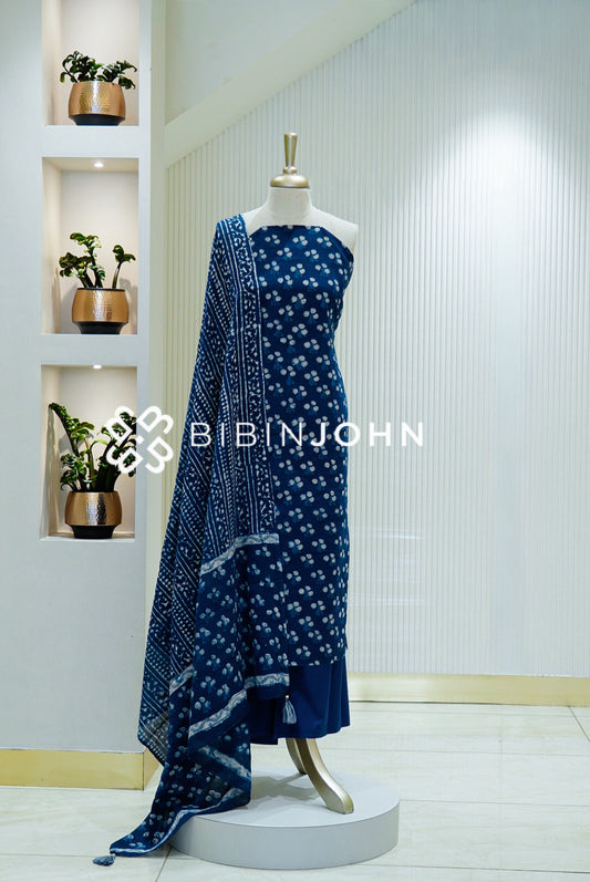 Printed Cotton Unstitched Salwar Suit Material Deep Indigo Blue