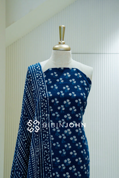 Printed Cotton Unstitched Salwar Suit Material Deep Indigo Blue CLOSE VIEW
