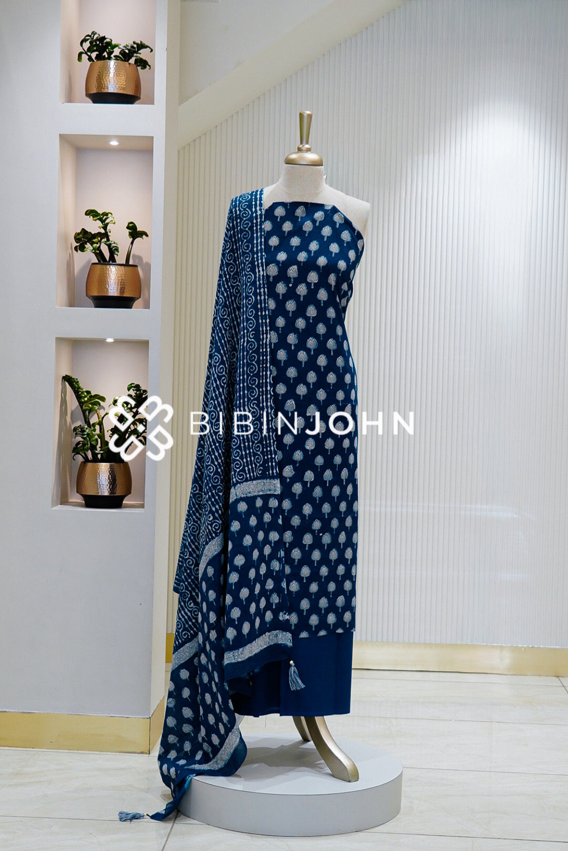 Printed Cotton Unstitched Salwar Suit Material Indigo Blue
