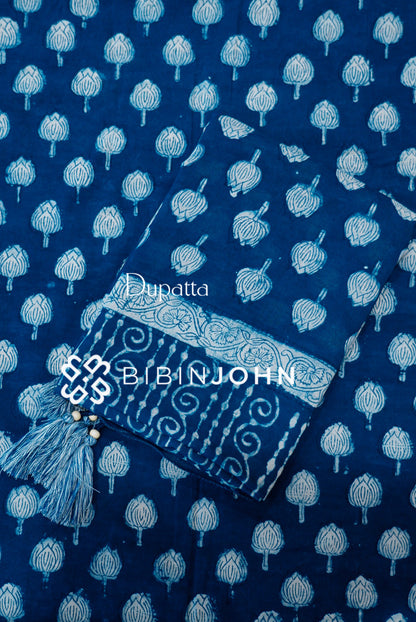 Printed Cotton Unstitched Salwar Suit Material Indigo Blue DUPATTA