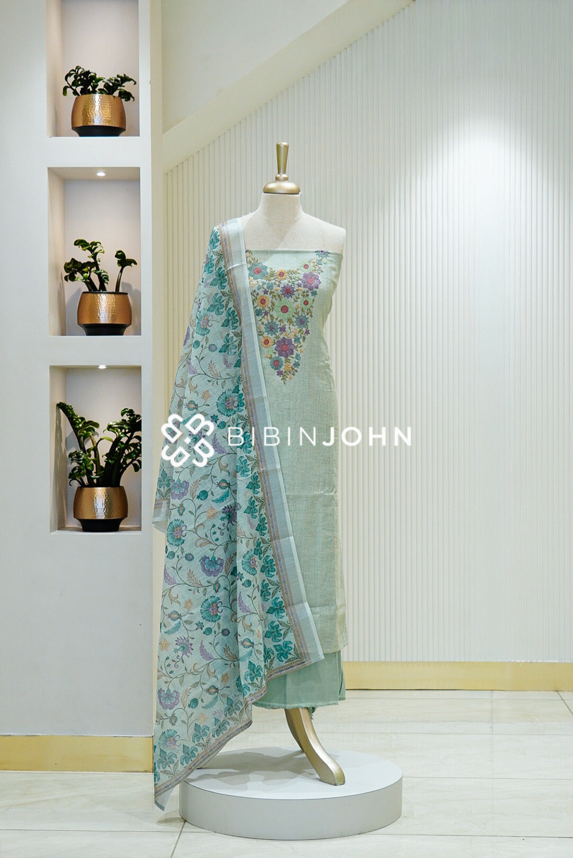 Chanderi Embroidery Unstitched Salwar suit Material Pastel Aqua