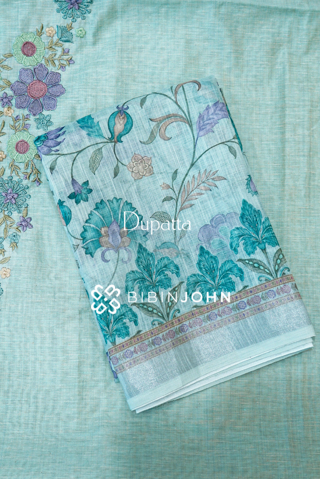 Chanderi Embroidery Unstitched Salwar suit Material Pastel Aqua dupatta