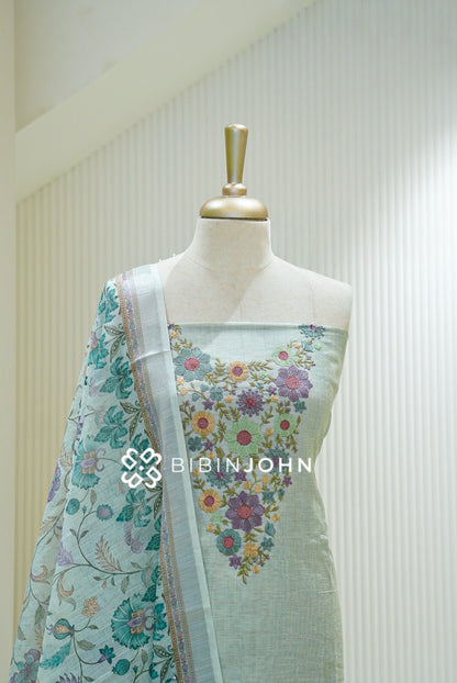 Chanderi Embroidery Unstitched Salwar suit Material Pastel Aqua close view