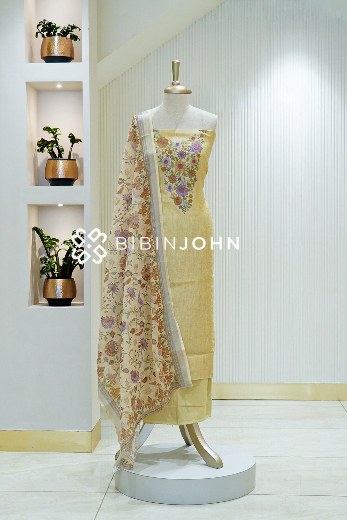 Chanderi Embroidery Unstitched Salwar suit Material Pastel Yellow 