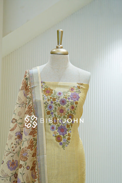 Chanderi Embroidery Unstitched Salwar suit Material Pastel Yellow  CLOSE VIEW