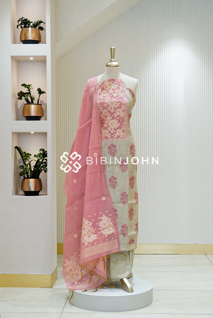 Chanderi Embroidery Unstitched Salwar Suit Material Ivory With Blush Pink 