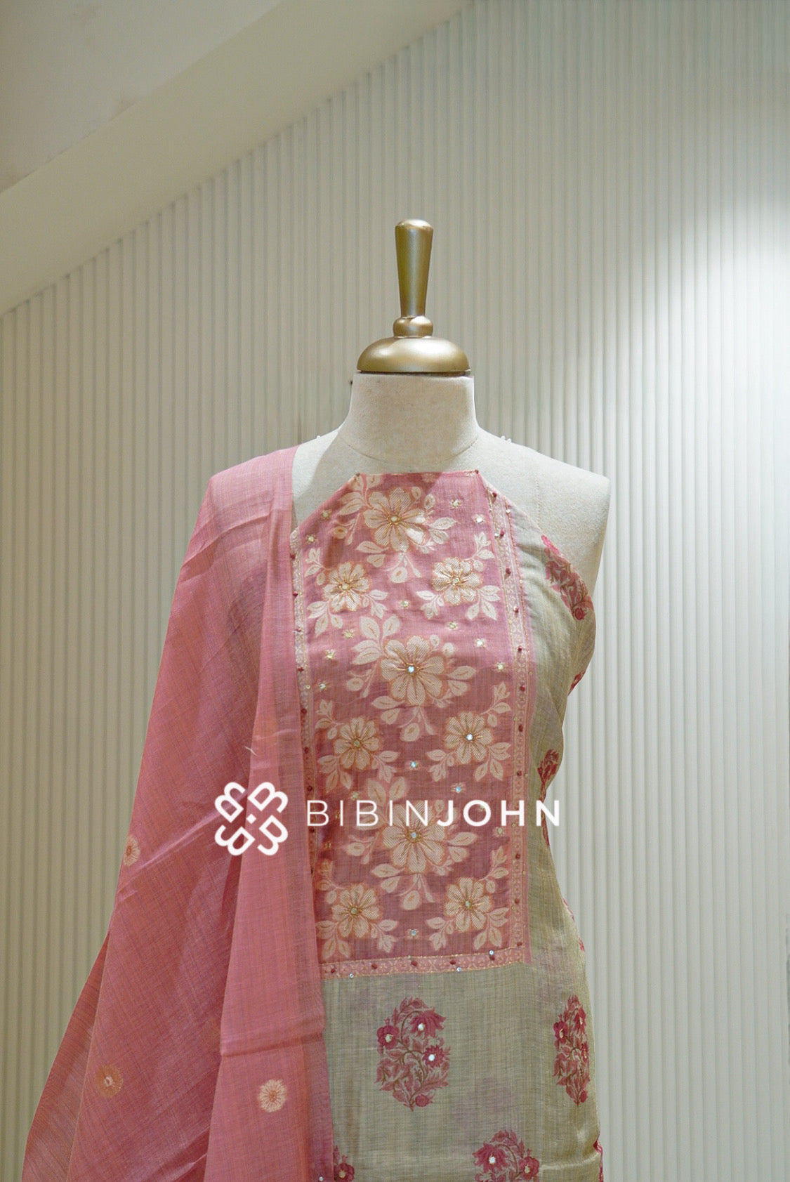 Chanderi Embroidery Unstitched Salwar Suit Material Ivory With Blush Pink  close view