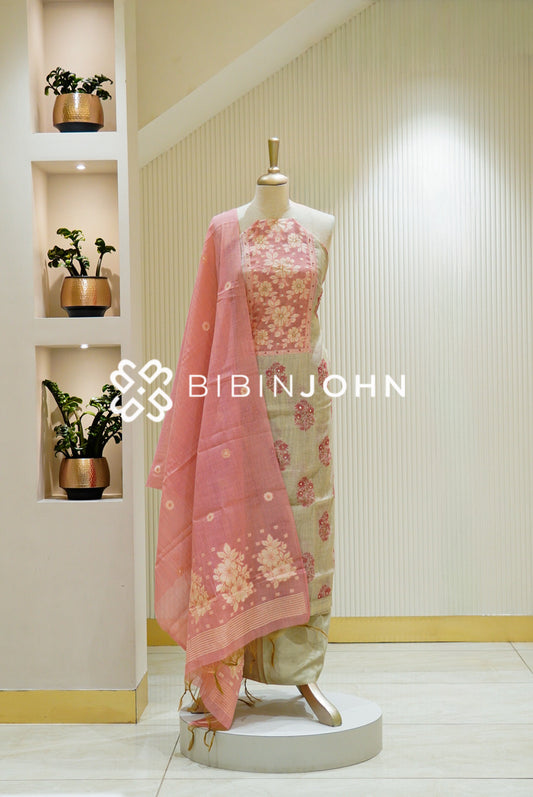 Chanderi Embroidery Unstitched Salwar Suit Material Ivory With Blush Pink