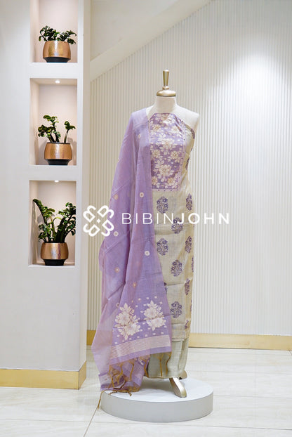 Chanderi Embroidery Unstitched Salwar Suit Material Beige With Lavender