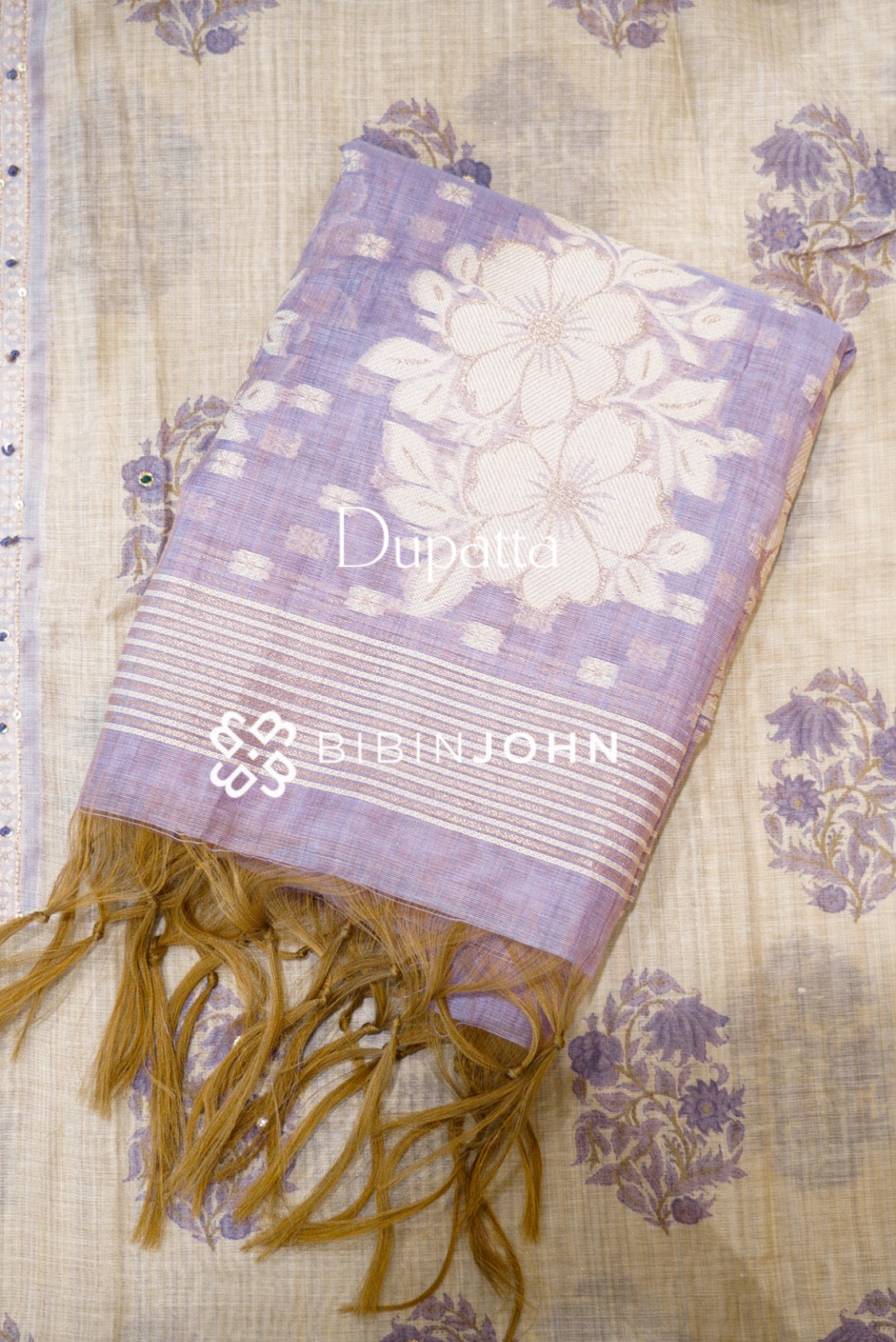 Chanderi Embroidery Unstitched Salwar Suit Material Beige With Lavender DUPATTA