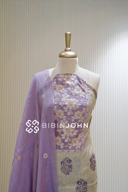 Chanderi Embroidery Unstitched Salwar Suit Material Beige With Lavender CLOSE VIEW
