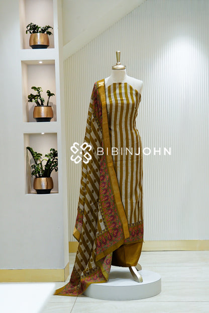 Printed Silk Unstitched Salwar Suit Material Mustard With Ivory