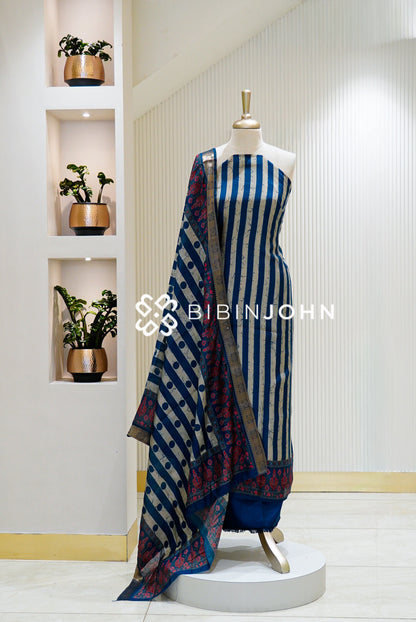Printed Silk Unstitched Salwar Suit Material Royal Blue With Ivory