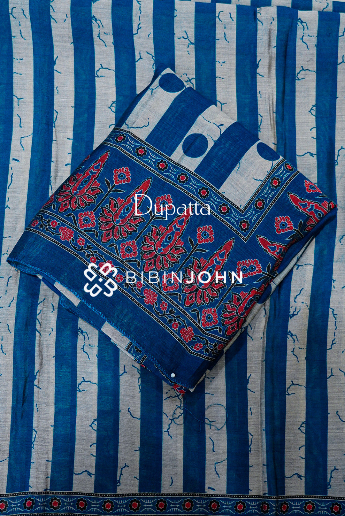 Printed Silk Unstitched Salwar Suit Material Royal Blue With Ivory DUPATTA