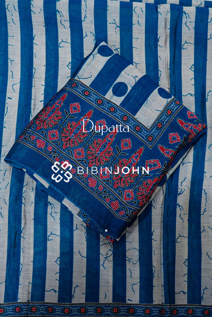 Printed Silk Unstitched Salwar Suit Material Royal Blue With Ivory DUPATTA