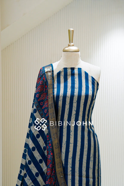 Printed Silk Unstitched Salwar Suit Material Royal Blue With Ivory CLOSE VIEW