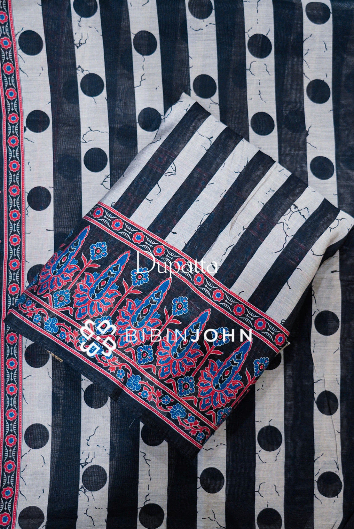 Printed Silk Unstitched Salwar Suit Material Black With Ivory  dupatta