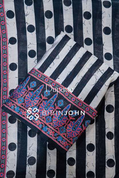 Printed Silk Unstitched Salwar Suit Material Black With Ivory  dupatta