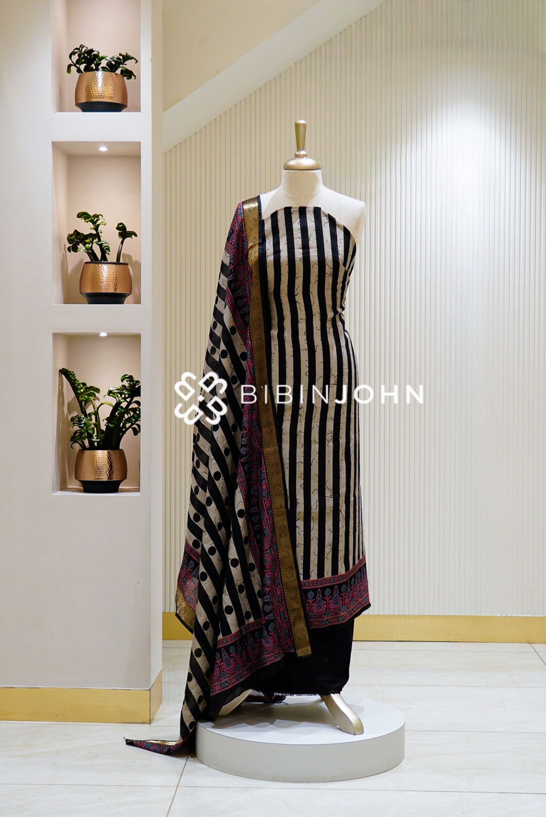 Printed Silk Unstitched Salwar Suit Material Black With Ivory 