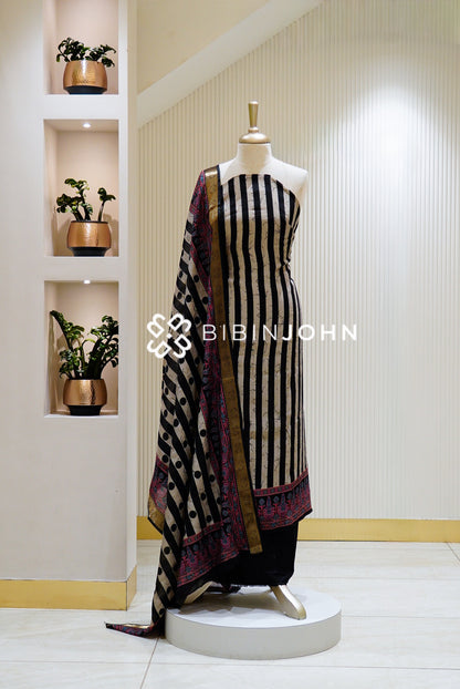 Printed Silk Unstitched Salwar Suit Material Black With Ivory 