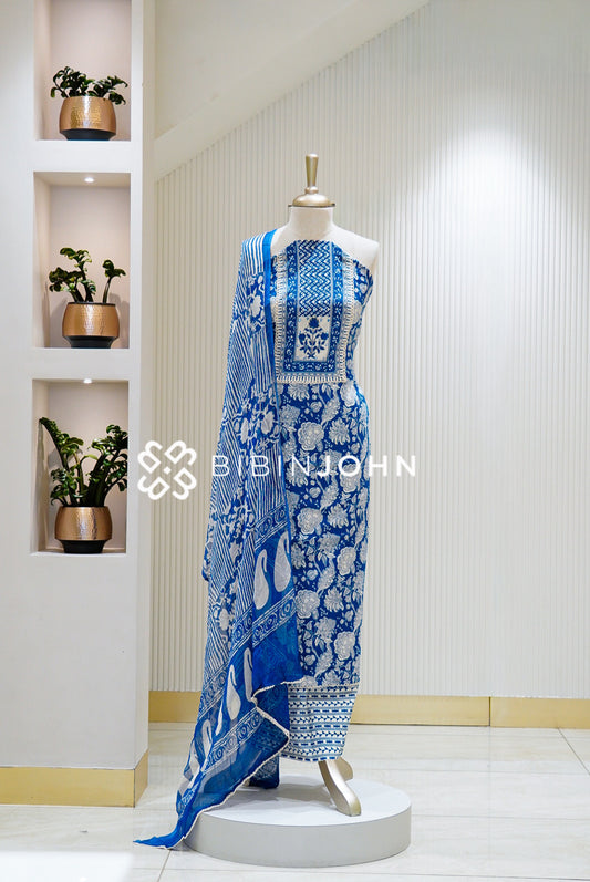 Cotton Embroidery Unstitched Salwar Suits Material Royal Blue With Ivory white