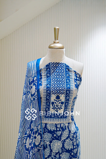 Cotton Embroidery Unstitched Salwar Suits Material Royal Blue With Ivory white CLOSE VIEW