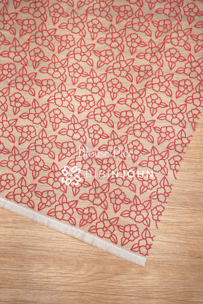 Cotta Embroidery Saree Ivory White Bright Red  blouse piece