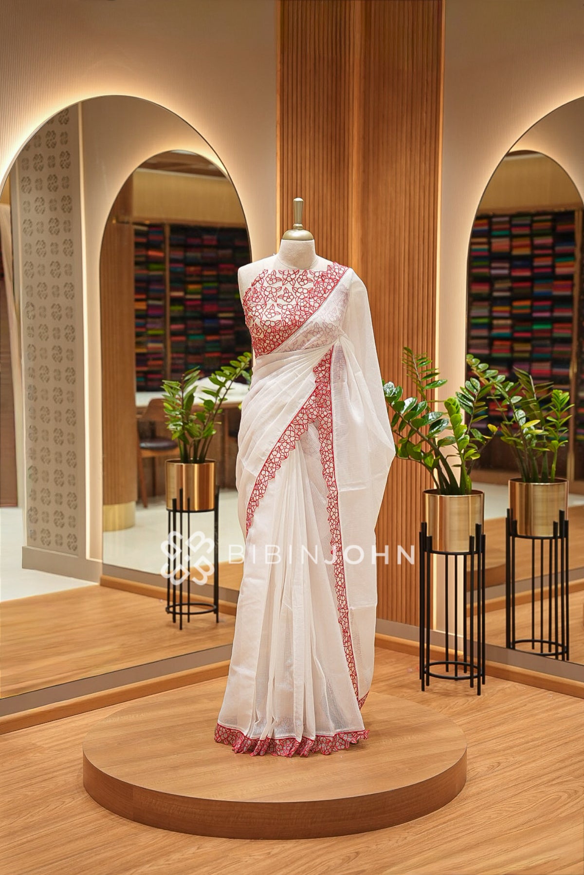 Cotta Embroidery Saree Ivory White Bright Red 