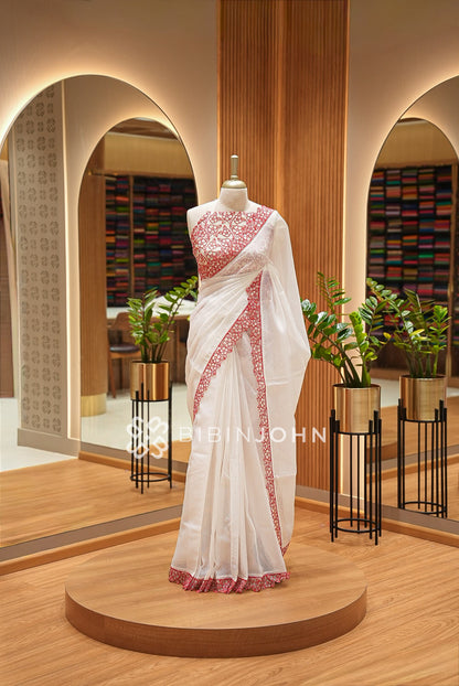 Cotta Embroidery Saree Ivory White Bright Red 