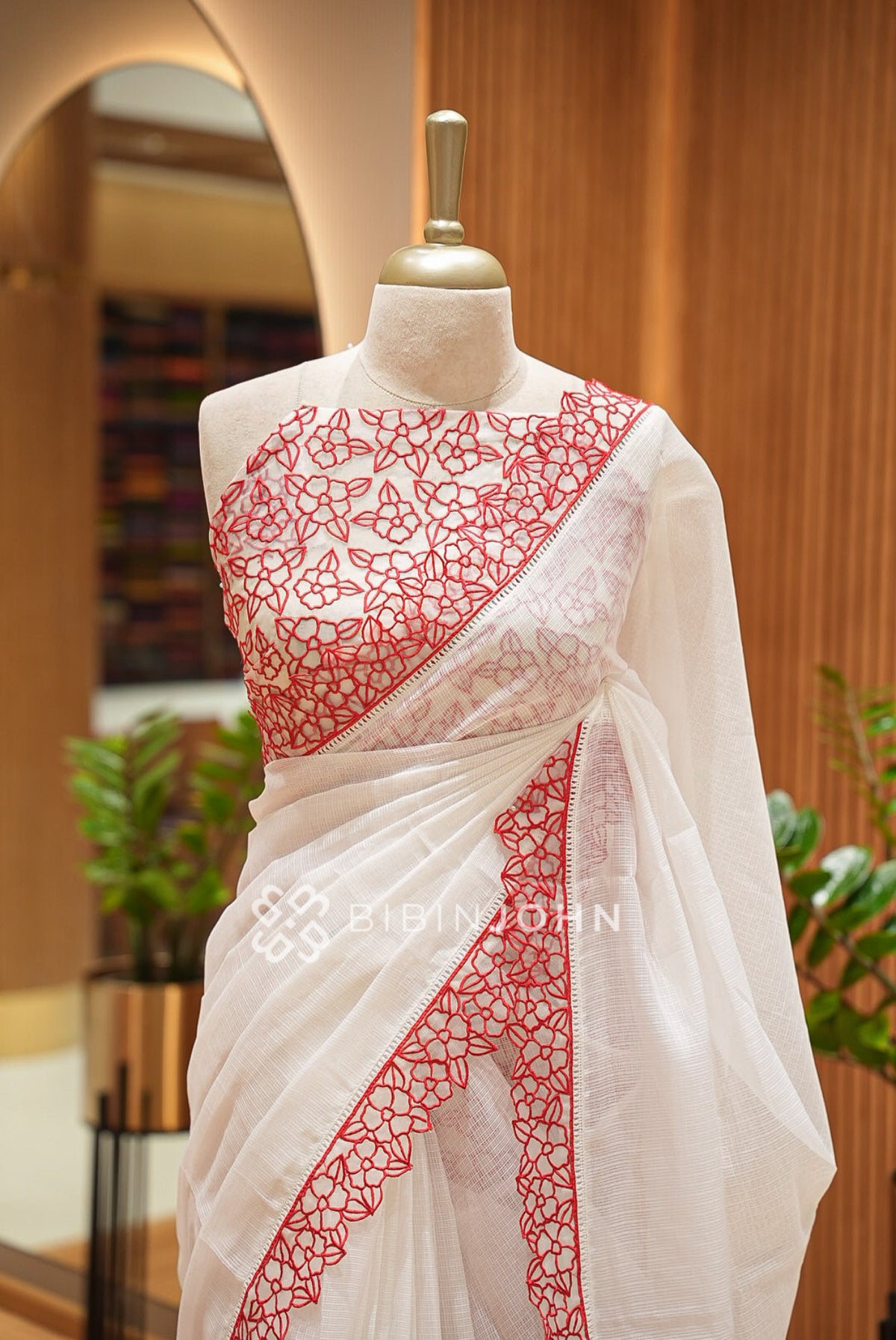 Cotta Embroidery Saree Ivory White Bright Red  close view